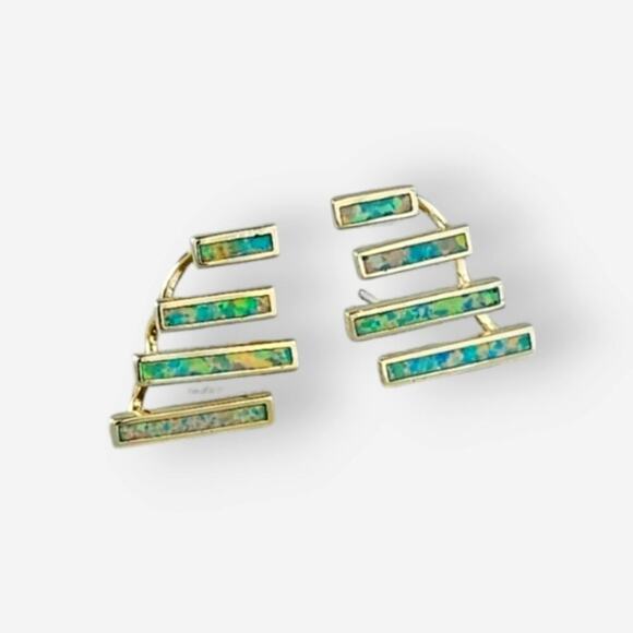 Kendra Scott Dawson Earrings Aqua Kyocera Opal Ear Climber Gold Pl Pierced - Picture 9 of 10